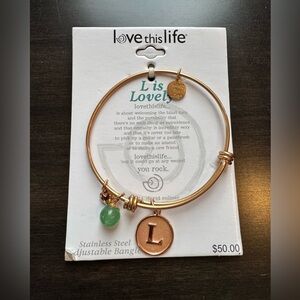 Gold Bangle with L and Green Charm